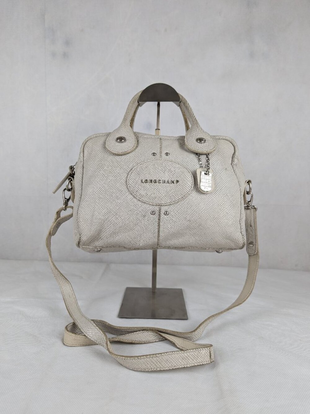 Longchamp Le Pliage White Leather Tote Bag Handbag Shoulder Bag Travel Pre Owned